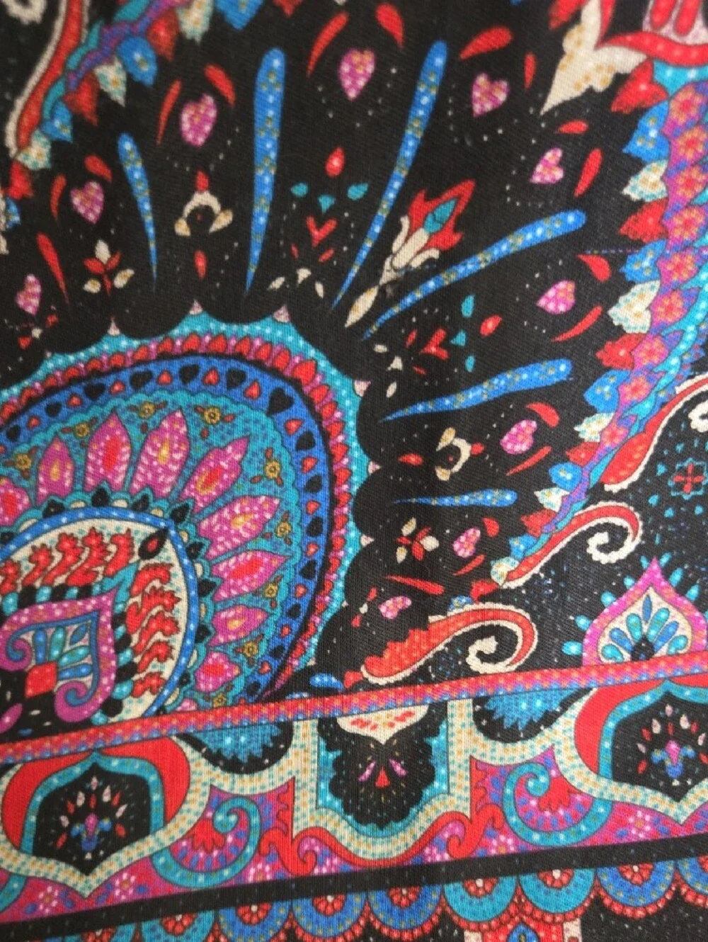 Black Paisley Print Scarf with Blue and Pink Accents Like New